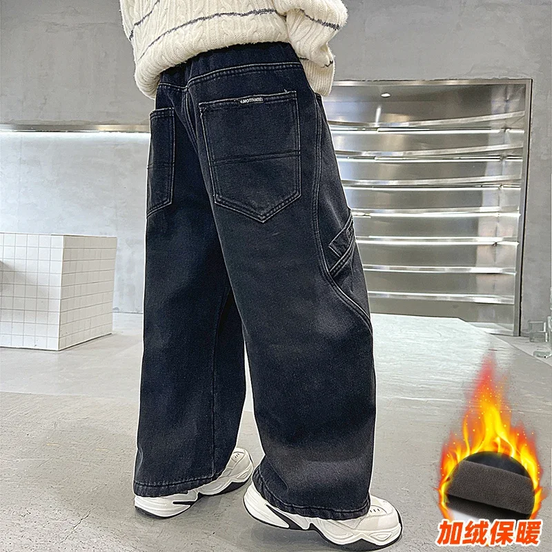 بنطلون NewBoys مبطن بالصوف لخريف وشتاء 2025 جينز سميك جديد للأطفال 4-15 سنة #2