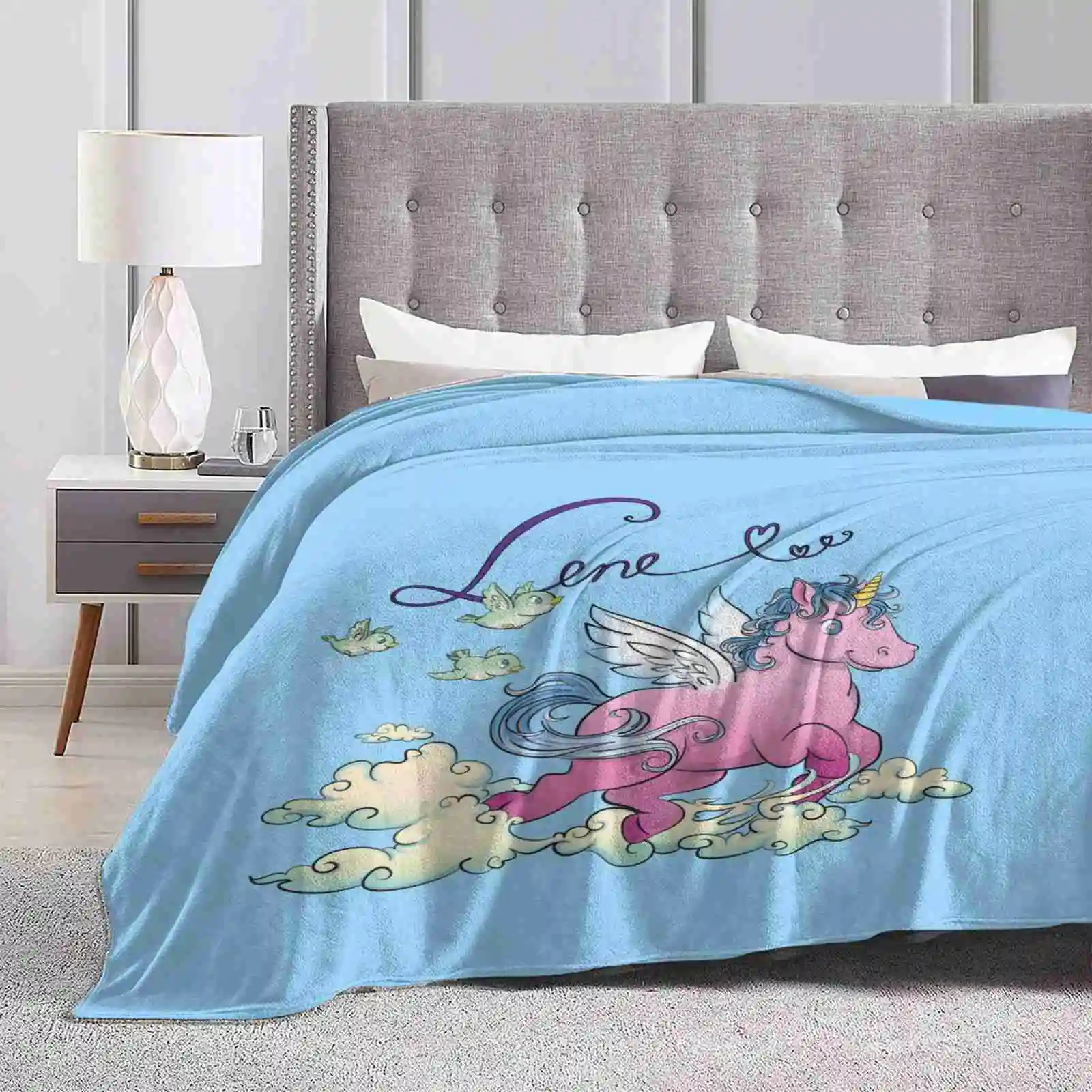 Unicorn New Arrival Fashion Leisure Warm Flannel Blanket Unicorn Pink Blue Flying Horse Birds Birdies Clouds Name Lene