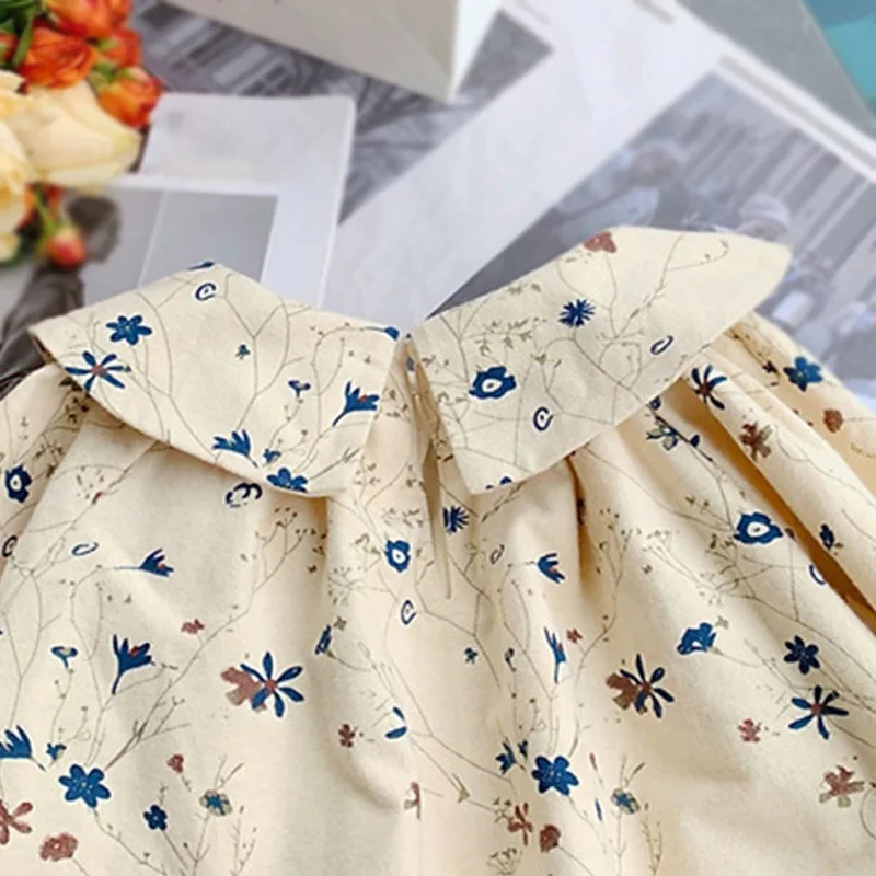 2-10T Spring Autumn Girls Fragmented Flower Dress Children Long Sleeved Doll Neck Dress Baby Kids Pure Cotton Princess Dresses