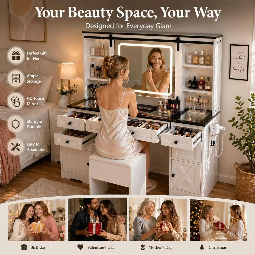 Adjustable Storage Makeup Desk with Sliding Mirror, Glass Top, Lighting, Outlet & Charging Station, 7 Drawers & Shelves image 2
