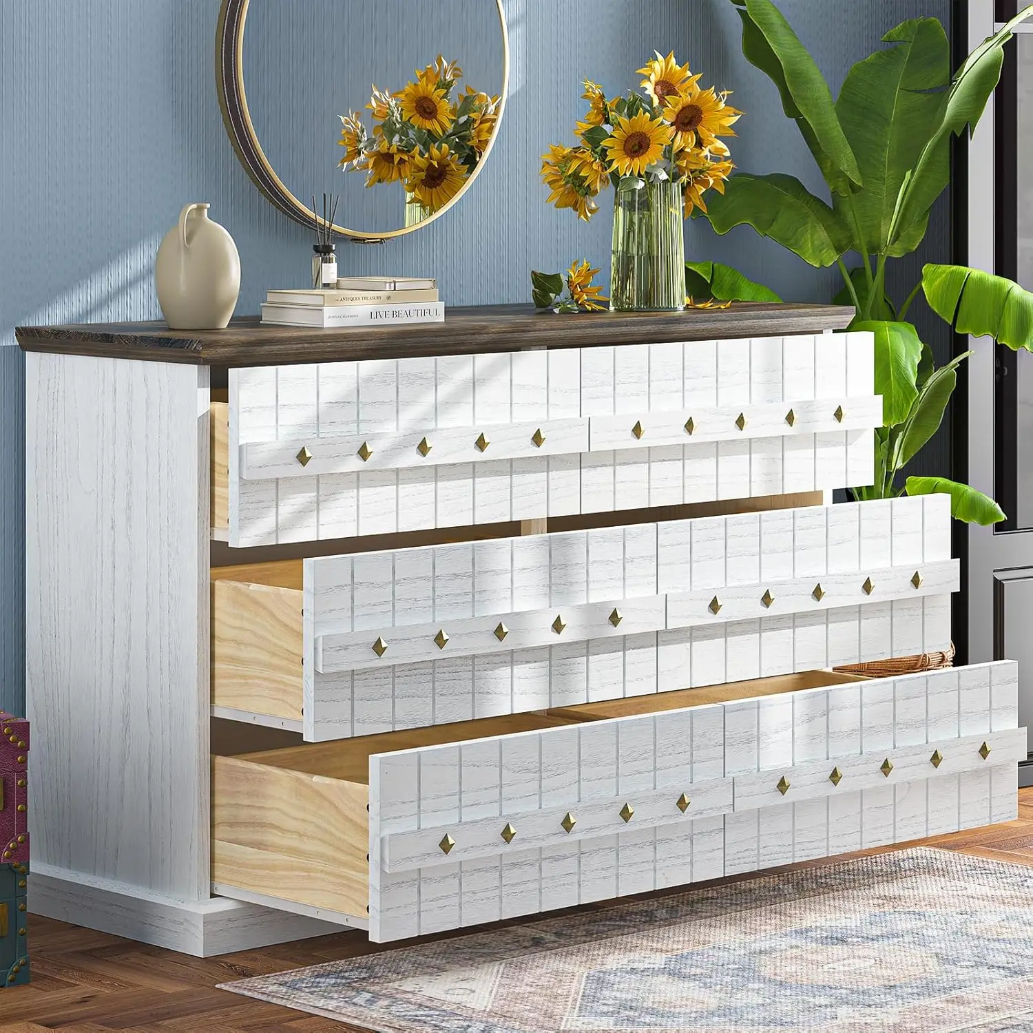 

6 Drawer TV Stand for Bedroom, Solid Wood White TV Stands & Chest of Drawers with Wide Storage Cabinet (Vintage)