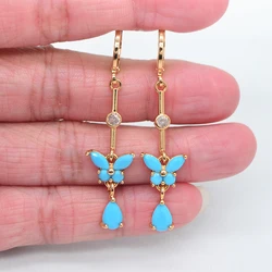 Gold Color Women Fashion Lake Blue CZ Long Butterfly Dangle Earrings Jewelry