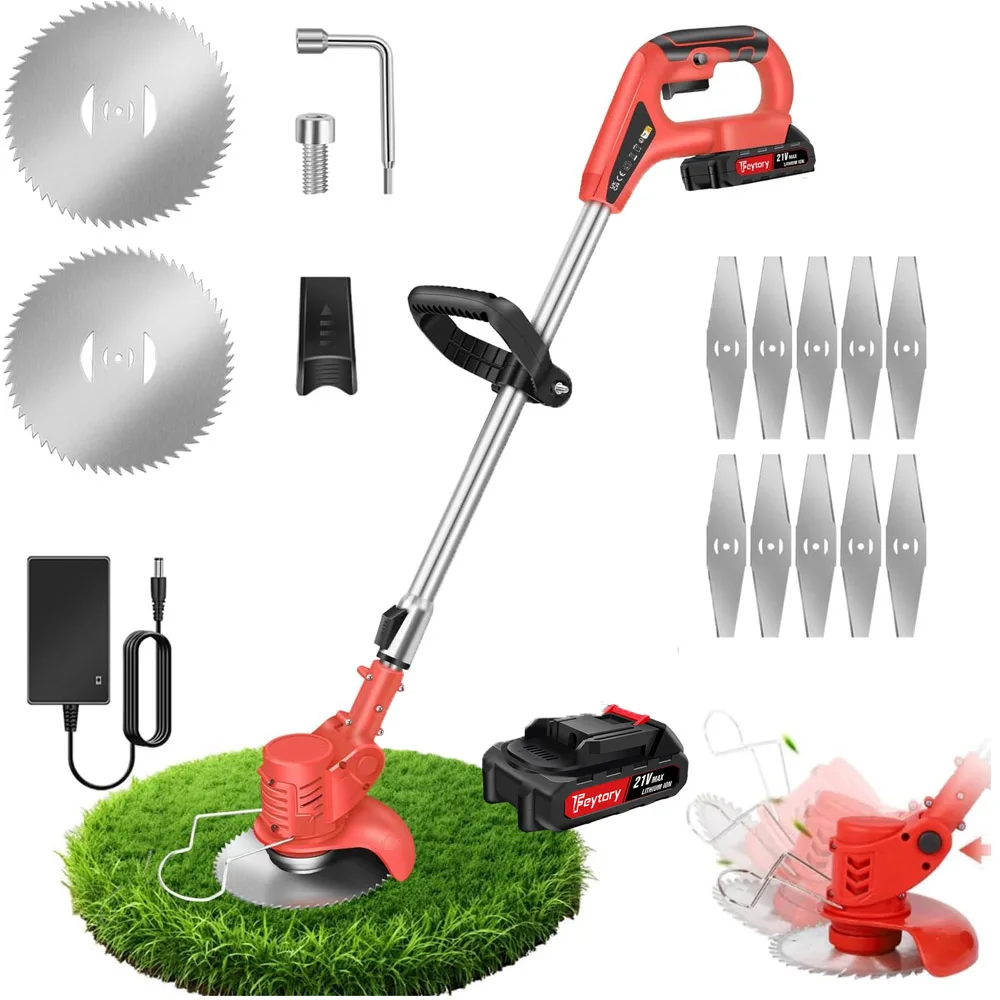 Recortadora de césped inalámbrica de 21V con batería, ángulo de cabezal ajustable, batería recargable de 1500mAh, mango ajustable de 84-120cm, recortadora de jardín, color rojo