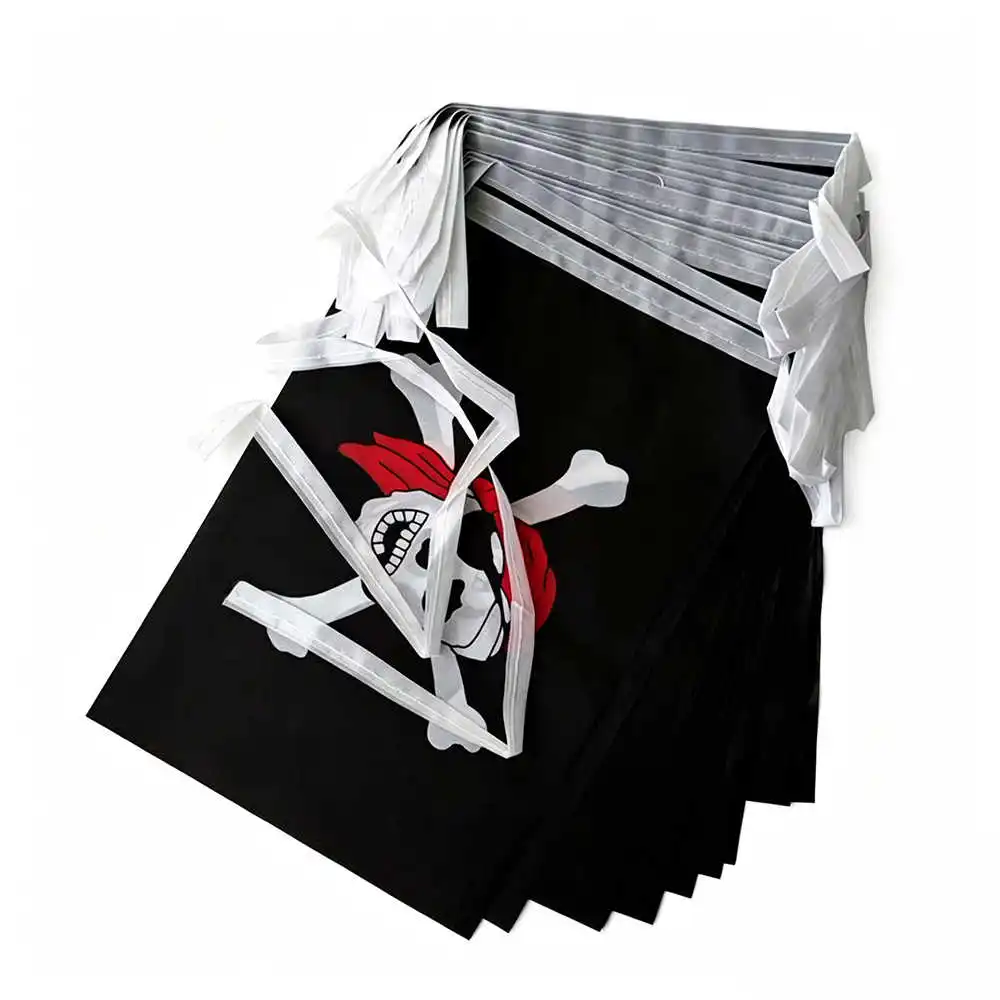 20Pcs Jolly Roger Pirate Flag Bunting 14x21cm Polyester Skull Crossbones Banner String Flags for Halloween Party Indoor Outdoor