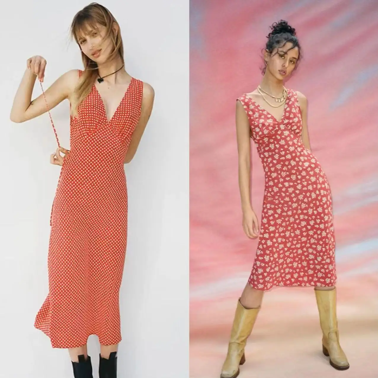 

Retro Print Deep V Ne Slim Fit Svel Vest Dr American Sle High Waist a Line Skirt Spring Summer New Arrival