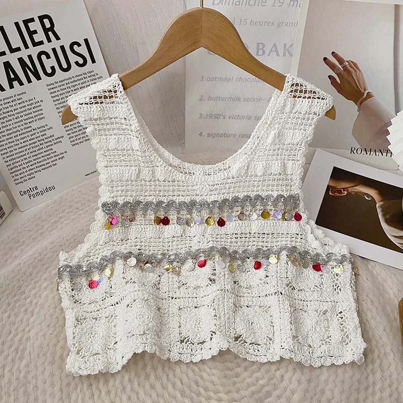 Boring Honey Round Collar Sleeveless Summer Clothes For Women Hollow Out Pearl Tassel Tank Top Retro Fashion Short Crop Tops