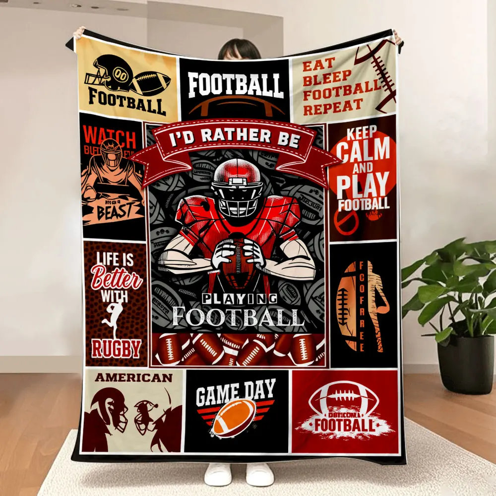 American Football Collage Blanket - Vibrant Printed Throw with Helmet, Player, & Football Panels, Perfect for Game Day Enthus