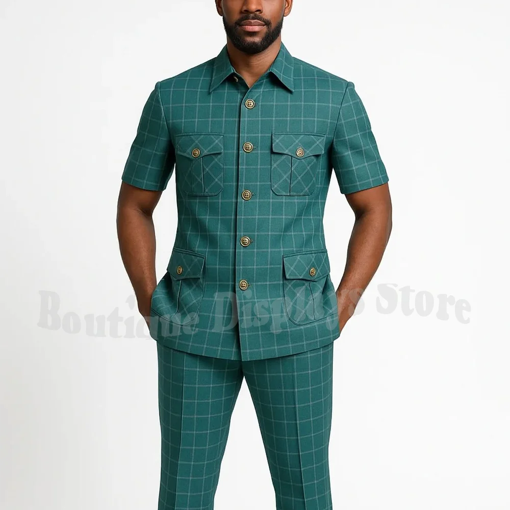 Luxurious Plaid Men's Suit Slim Fitted Jacket with Short Sleeves Stand Lapel Single Breasted Casual Fashion Set Two Piece