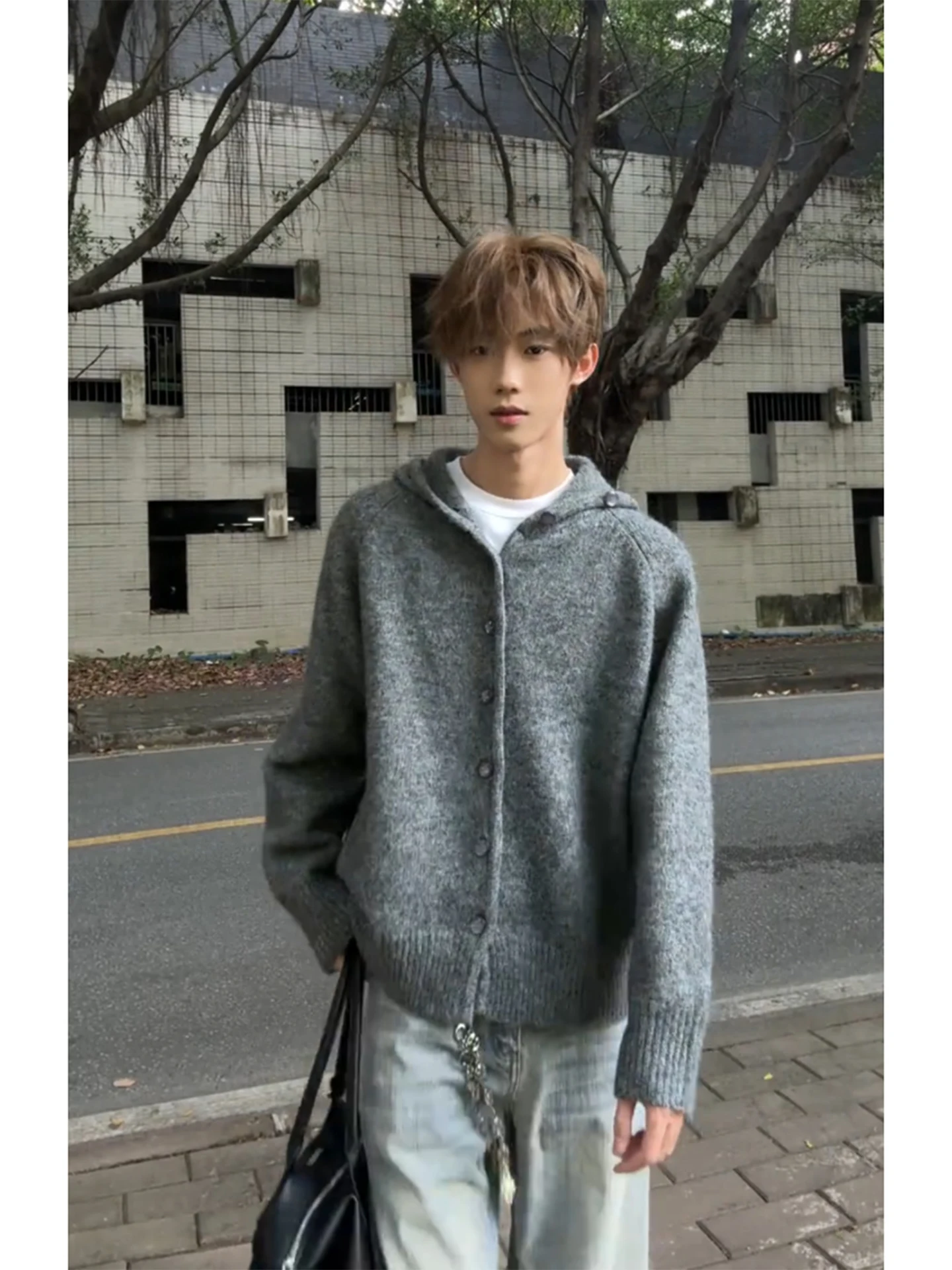 

Мужской свободный вязаный свитер с худи, на пуговицах с кристаллами, из искусственной шерсти, осенне-зимняя теплая верхняя одежда, стильный, длинный рукав