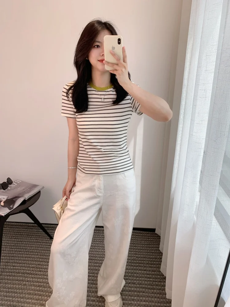 

Летняя женская футболка с вышивкой, полосатым воротником, цветным блоком, повседневная, приталенная, из смесового волокна Lenzing