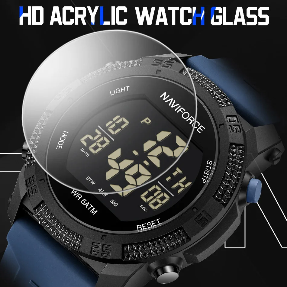 Reloj electrónico NAVIFORCE para hombre, moda 5ATM, resistente al agua, correa de silicona, calendario, reloj de pulsera Digital LCD para hombre, reloj Masculino