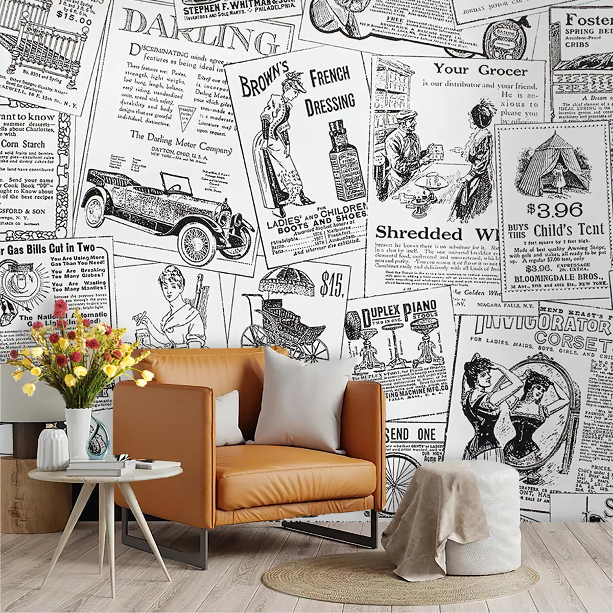 1 roll, 45x300cm self-adhesive PVC wallpaper wall sticker mural, black and white old-fashioned newspaper poster magazine pattern