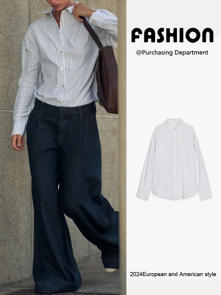 

Spring New Arrival Women's Casual Striped Long Sve Collar Loose Fit irt Versatile Comfortable Ladies' Faion