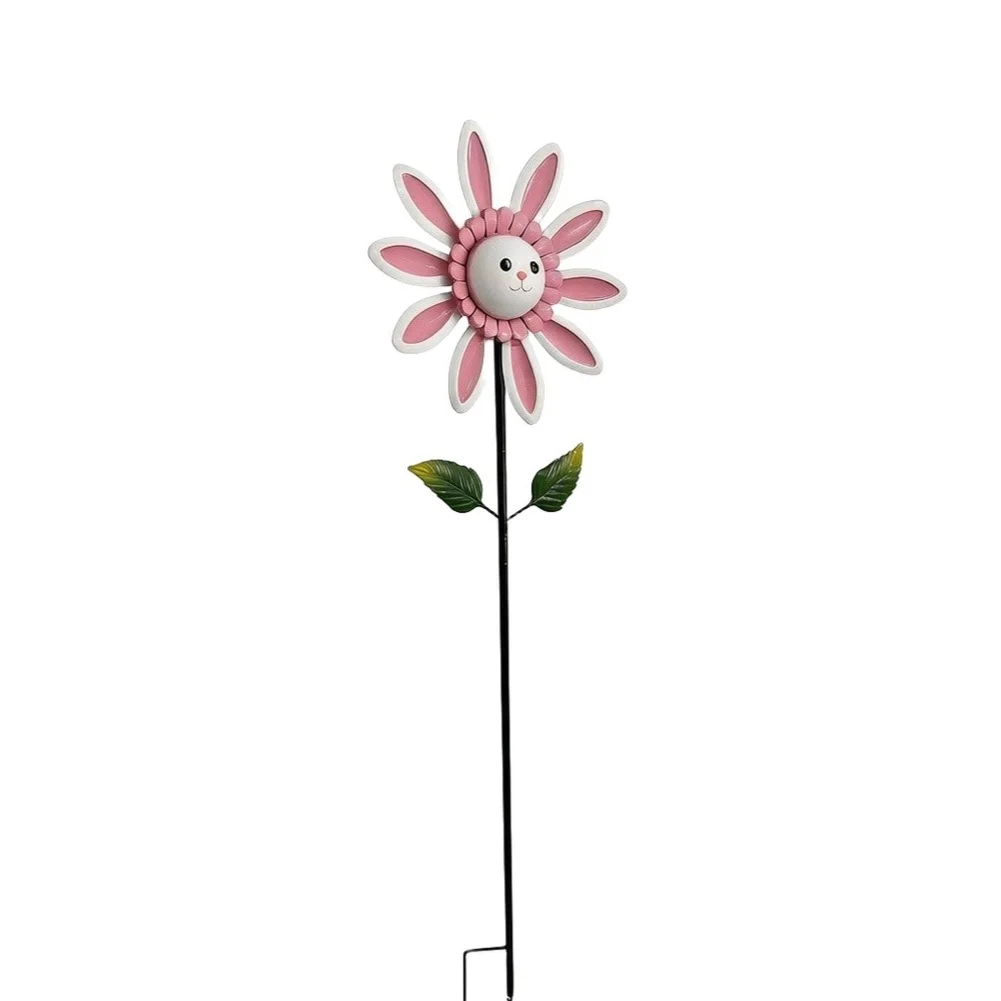 Metal Bunny Flower Garden Stake with Rabbit Face and Blooms for Lawn Garden Pathway Decoration Pink 110cm Height