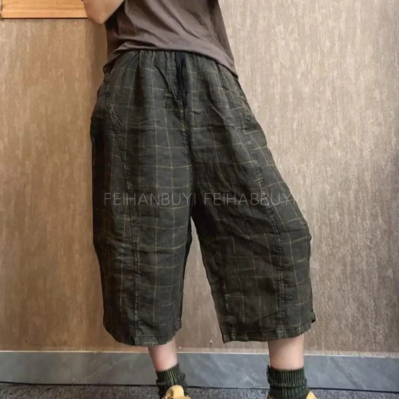 

New Arrival 2026 Summer Arts Style Women Elastic Waist Loose Casual Calf-length Pants Vintage Plaid Cotton Linen Harem Pants
