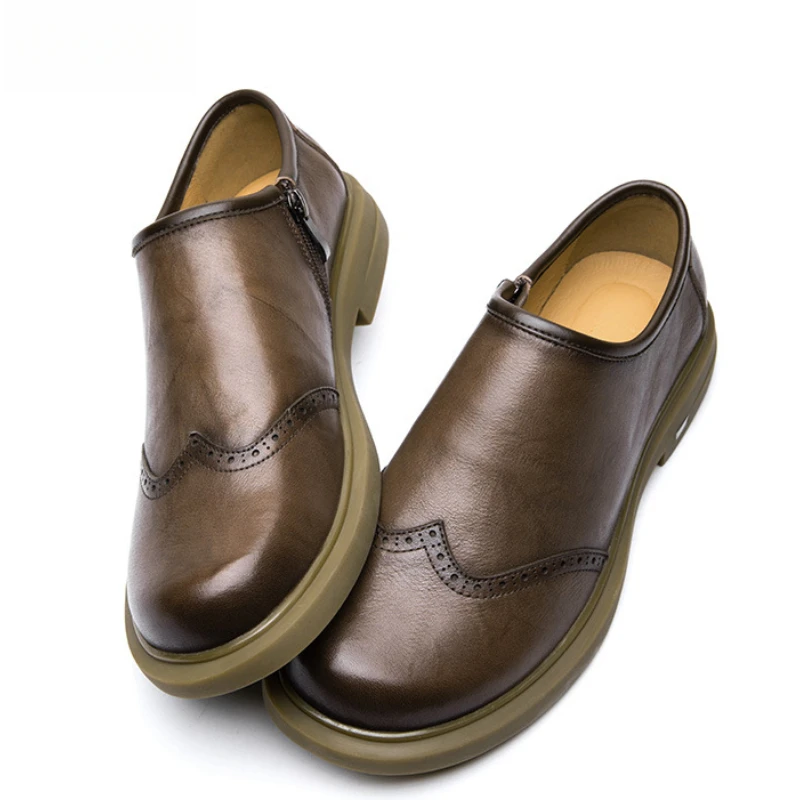 

Retro Mens Genuine Leather Derby Shoes Handmade Quality Comfortable 2025 Summer Round Toe Black Casual Business Social Shoes Man