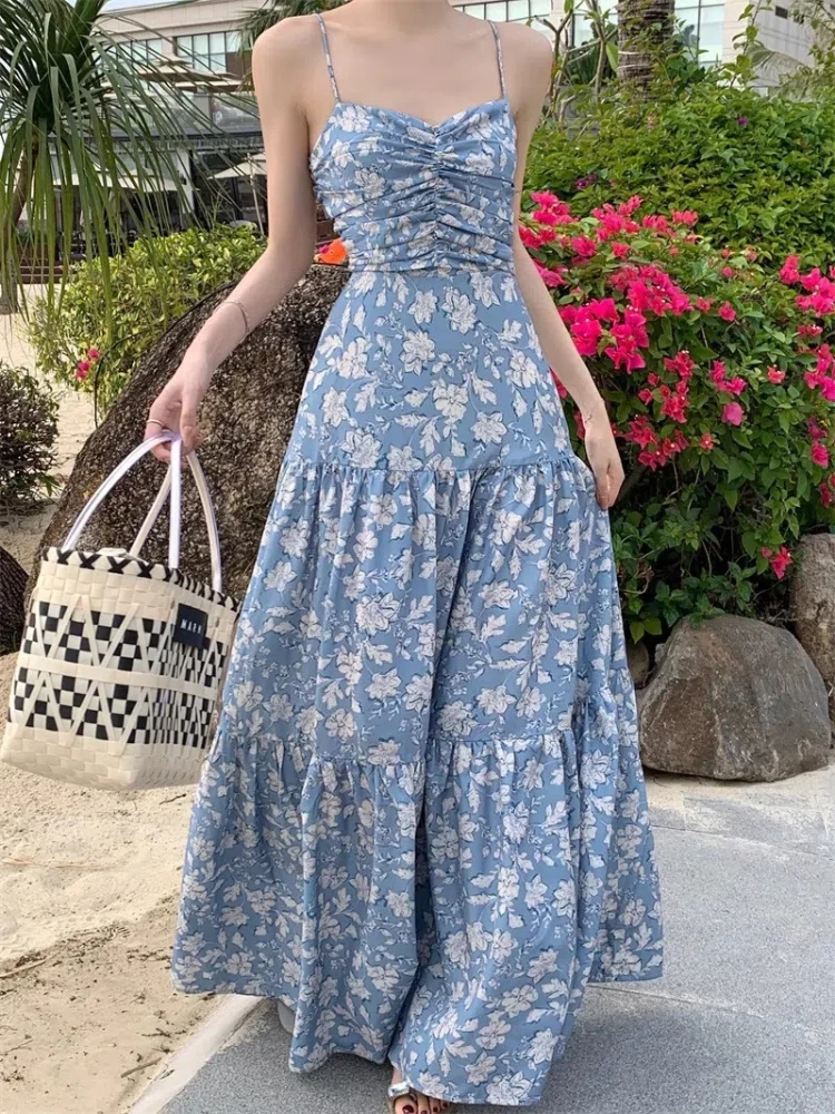 

2024 New Floral Camisole Dress Summer High Waisted Slim Fit Long Dress Backless Seaside Vacation Dress