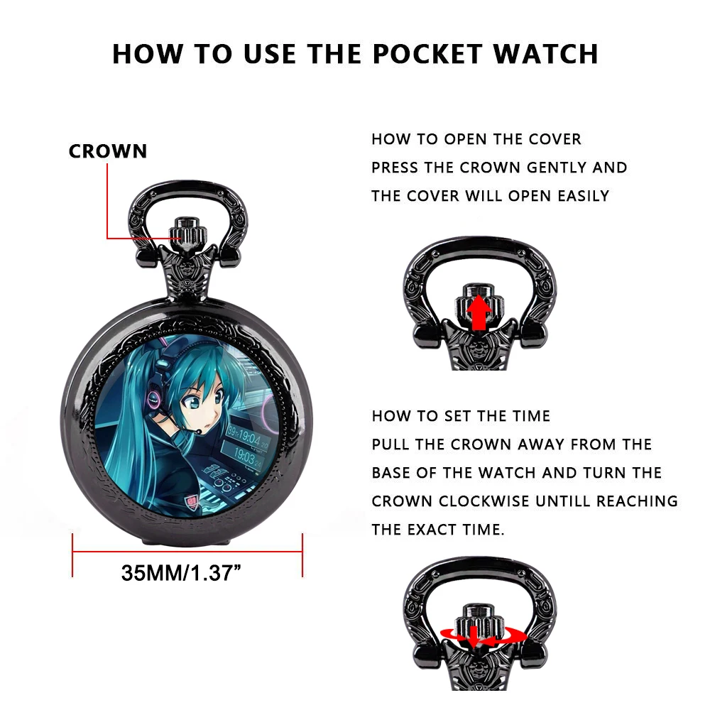 NEW Anime Miku Glass Dome Quartz Pocket Watch for Women Men Black Necklace Unique Pendant Clock Chain Watch Gift Accessories