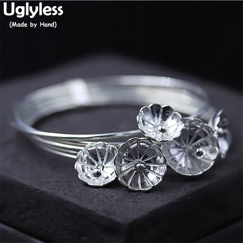 

Uglyless Real S 925 Sterling Silver Multi-layer Bangle for Women Romantic Little Flowers Ethnic Bangles Handmade Glossy Jewelry