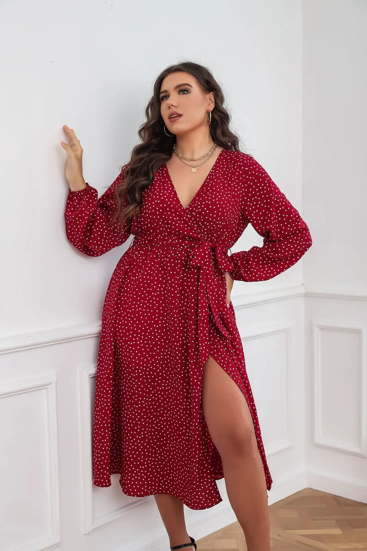 Plus Size Wrap V Neck Dresses Dotted Print Lace-Up Long Sleeves Boho Spring Fall Long Robe A Line Swing Maxi Gown Clothing