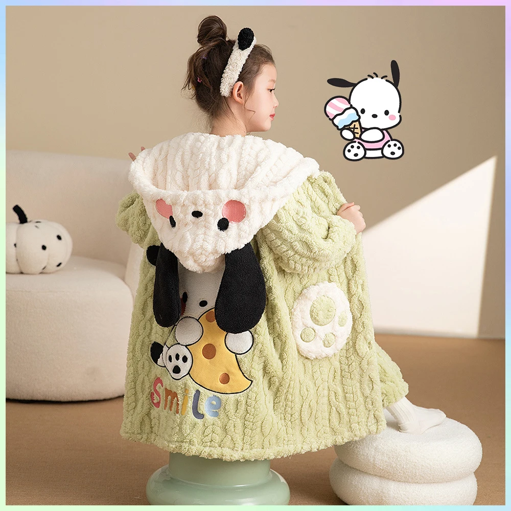 

Sanrios Anime Cinnamoroll Pochacco Kuromi Children's Pajamas Set Thicken Winter Hooded Night-Robe Pants Parent-Child Homewear