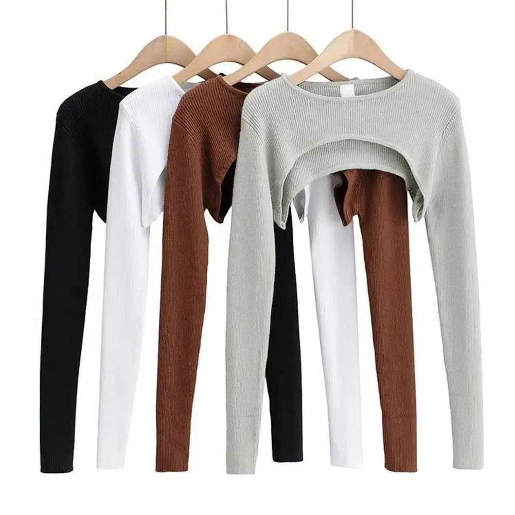 Soft Women Top Lady Knitted Top Stylish Women\'s Long Sleeve Crop Top with Matching Cover-up Soft Knitted T-shirt Round Neck