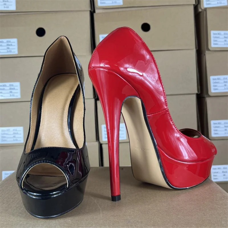 2024 New Women\'s Shoes High Quality 16CM Thin Heels Stiletto Single Open Toe Pumps Big Size:40 41 42 43 44 45 46 47 48 Red Black