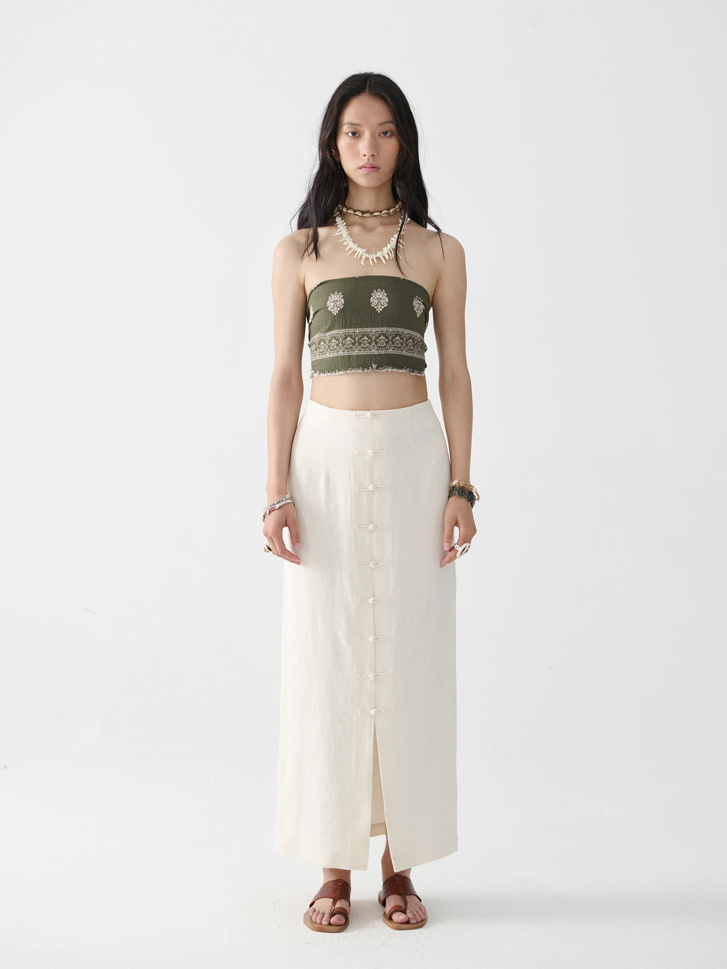 

Xu Bai Yu Zhang Han Hemp Linen Skirt Straight Cut Midi Skirt for Women Chinese Sle National Faion Button Simple Sle