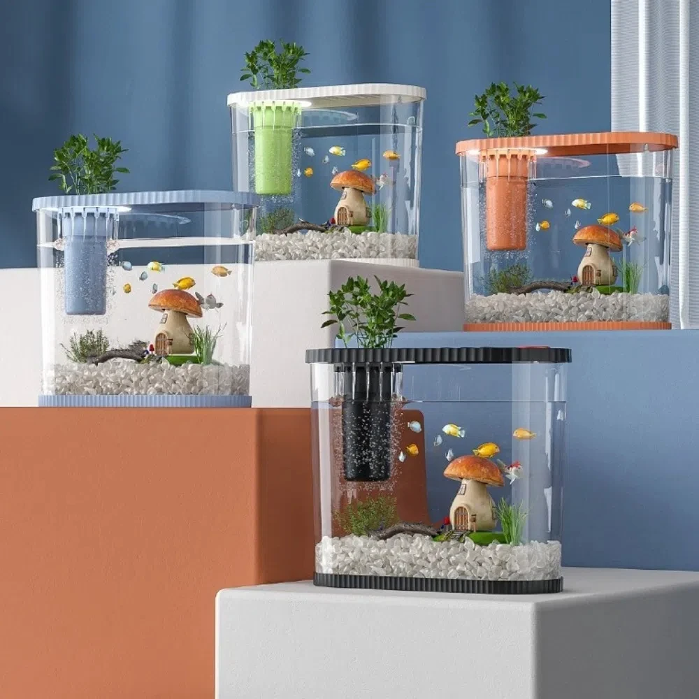 

Shatterproof Tabletop Fish Bowl Space-Saving with Filter Compartment Plastic Fish Tank Transparent Clear Table Fish Bowl