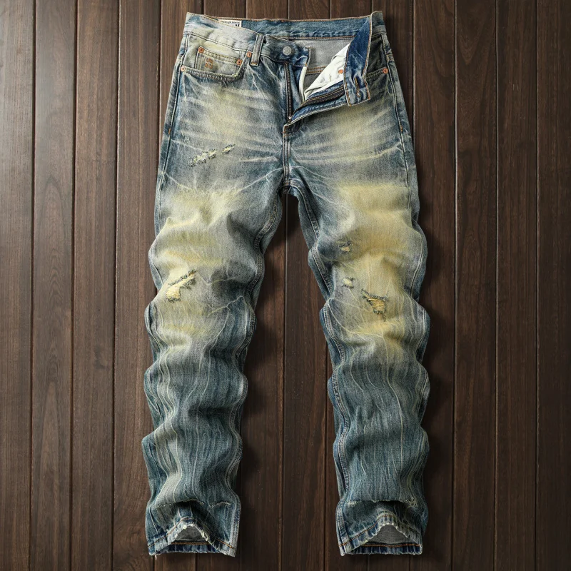 

2026 New Arrival Yellow Mud Dyed Vintage Ripped Jeans, Men’s Heavy Craft Heavyweight American Retro High-End Denim Pants