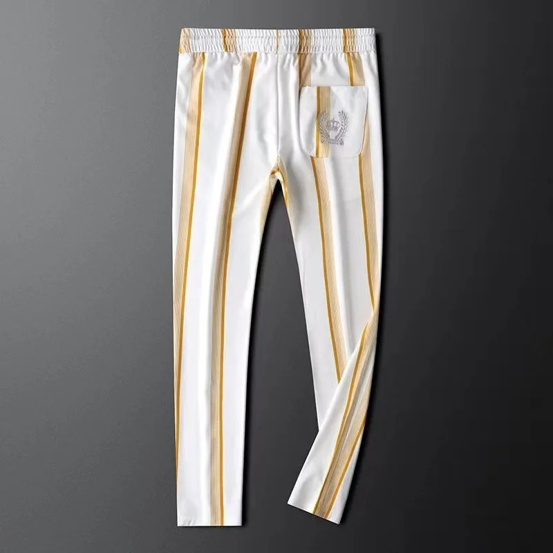 Light Luxurious European Striped Men's Casual Pants Summer Ice Feel New Trend Slim Fit Thin Fashion Embroidered Trousers for Man