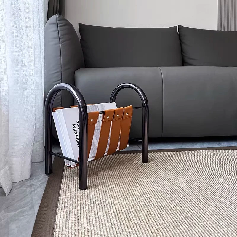Light Luxury Floor Magazine Bookshelf Metal Leather Ornament Model Room Office Study Accessories