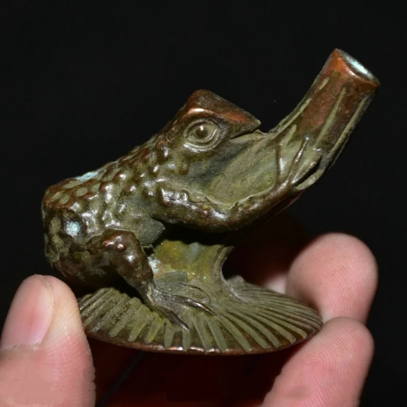 1.6" Old Chinese Bronze Fengshui Lotus Frog Statue Sculpture