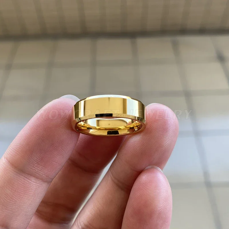 Gold Tungsten Carbide Rings for Men Women Wedding Band Polished Shiny Beveled Edges Free Inside Engraving