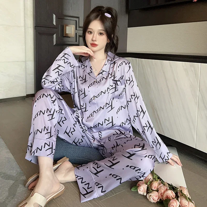 Autumn Women\'s Pajamas Set Thin Ice Silk Long Sleeve Sleepwear Home Loose Pyjamas Pants 2 Piece Set Button Lounge Nightwear