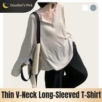 Spring and Summer Thin, Cool, Sunscreen and Slightly See-Through White Gray Loose V Neck Long-Sleeved Women's T-Shirt