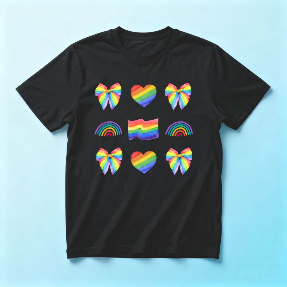 Watercolor Rainbow Pride Icons T-Shirt Cute Coquette Pride Style Unisex Streetwear LGBTQ Gift Shirt Women Fashion Summer Tshirt
