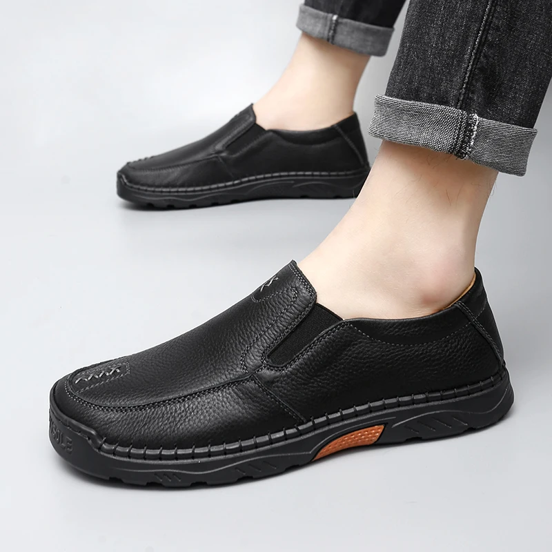 

High Quality New Handmade Leather Shoes for Men Loafers Soft Cow Leather Men Thick Sole Casual Shoes Male Footwear Black Slip On