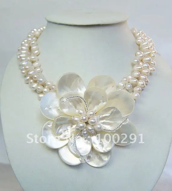 Fashion Stone Holiday Wedding Bridal Handmake Jewelry Freshwater pearl Large Flower Necklace 20\