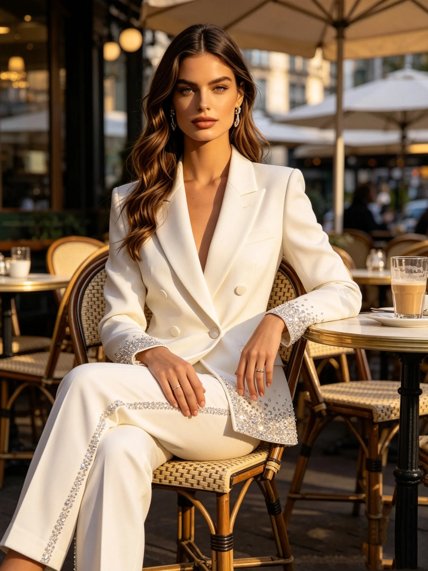 

Luxury Crystals Cotton Women Suit Set 2 Pcs Blazer Pants Formal Office Lady Jacket Wedding Coat Customized