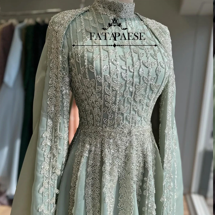 

FATAPAESE Customized Evening Gowns High-Neck Cape-Sleeve Full Over Crystal Beaded Prom Dresses For Formal Occasion Maxi Gown