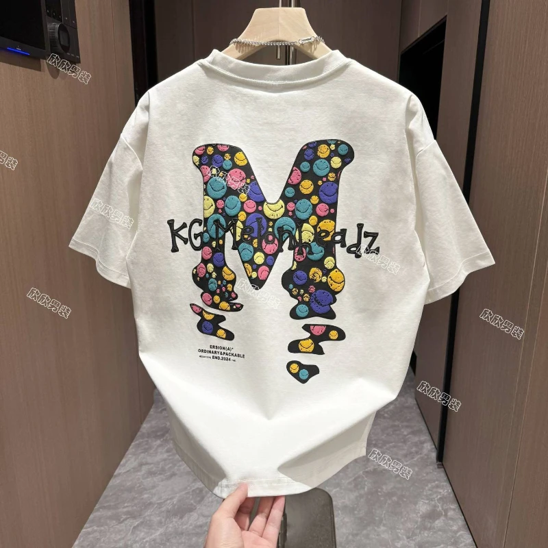 

Новая летняя футболка из чистого хлопка, модная футболка с радужным буквенным принтом, модная универсальная повседневная мужская футболка с короткими рукавами «парусник»