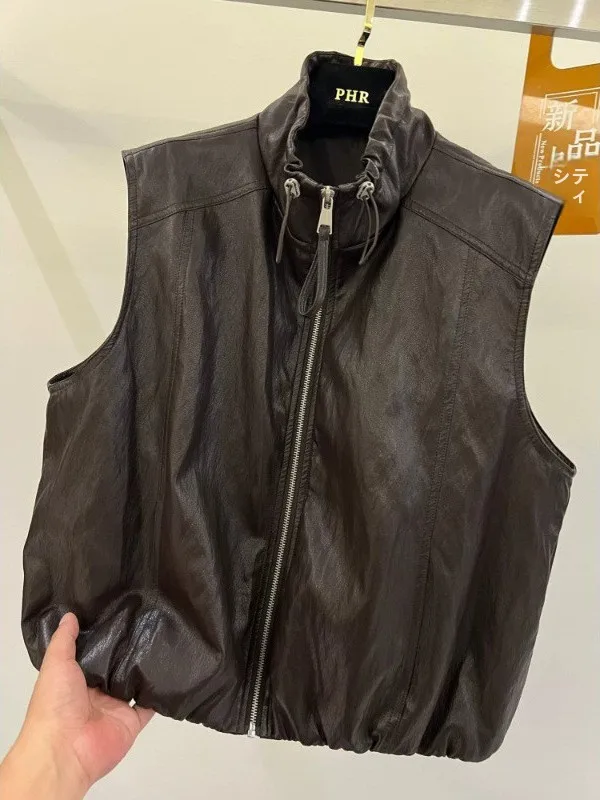 High-End European Style Drawstring Stand Collar PU Leather Vest Jacket Women's Fashionable Layered Motorcycle Jacket Top