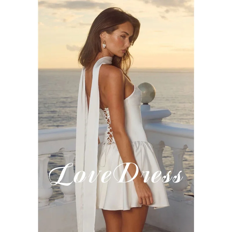 비치 미니 스테인 아이보리 A라인 웨딩드레스 민소매 섹시 백리스 무릎 위 플리츠 오픈 백 레이스업 2025 맞춤 제작