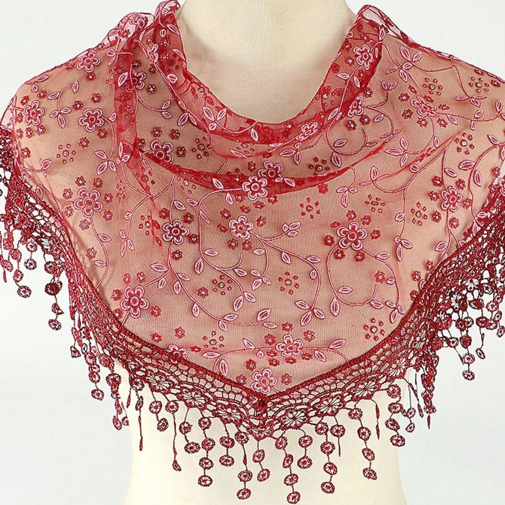 

1pc Women Lace Embroidery Solid Color Triangle Scarf, Fashion Bohemian Hollow Rose Floral Headscarf Shawl With Tassels, Versatile For Daily And All Seasons For Dress