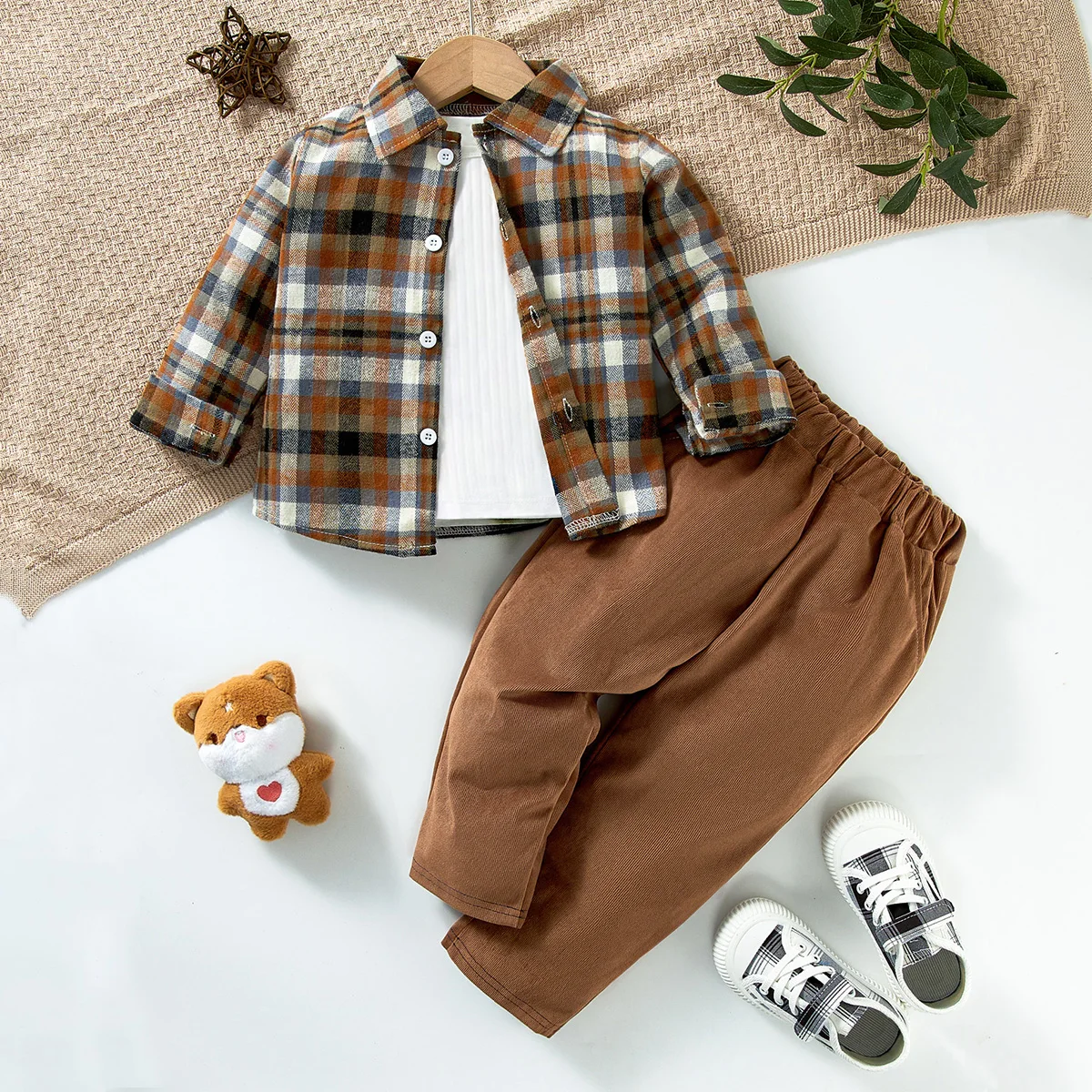 hibobi 2-Piece Suit Autumn Boy Suit Lapel Long-Sleeved Trousers Plaid Pattern Casual Suitable For Children Under 3 Years Old