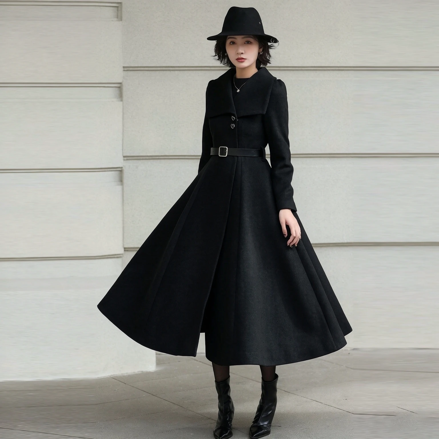 2026 Autumn/Winter New Women's Classic Black Wool-Blend Long Coat, Slim-Fit A-Line Swing Jacket with Belt, Trendy Winter Outerwe
