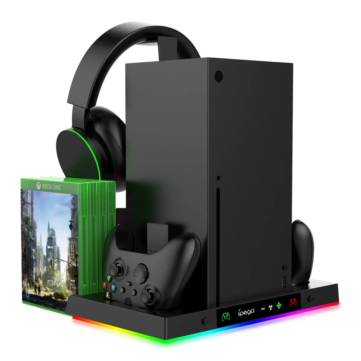 حامل مروحة التبريد ومحطة شحن لوحدة التحكم ووحدة التحكم Xbox Series X مع ضوء ملون 15RGB مع ملحقات خطاف سماعة الرأس