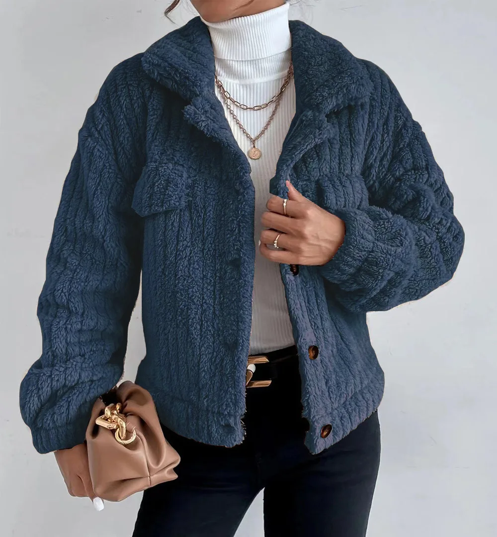 

Woman Fashion Teddy Jacket New Winter Women's Thicken Casual Long Sleeves Turn-Down Collar Buttoned Coats Temperament Commuting