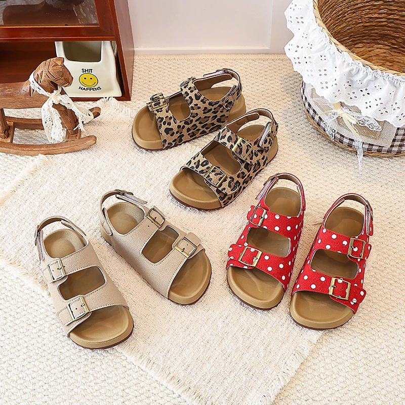 Kids Princess Sandals Sweet Polka Dots Leopard Print Chic Children Beach Shoes Non-slip 2026 Summer New Girls Fashion Sandals